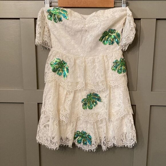 LOVERS + Friends x Revolve Charleston Dress in Ivory Palm Lace Sequins Size XS - Picture 4 of 13